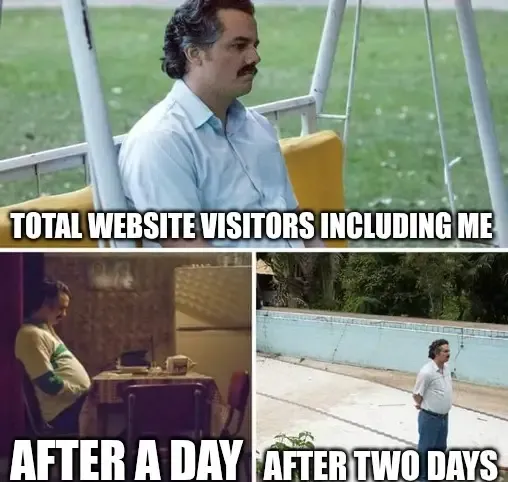 Sad Pablo Escobar meme: total website visitors including me — after a day, after two days