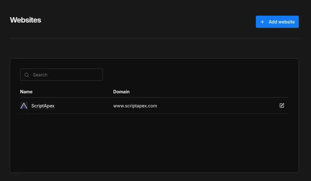 Umami Websites dashboard showing ScriptApex registered as a website